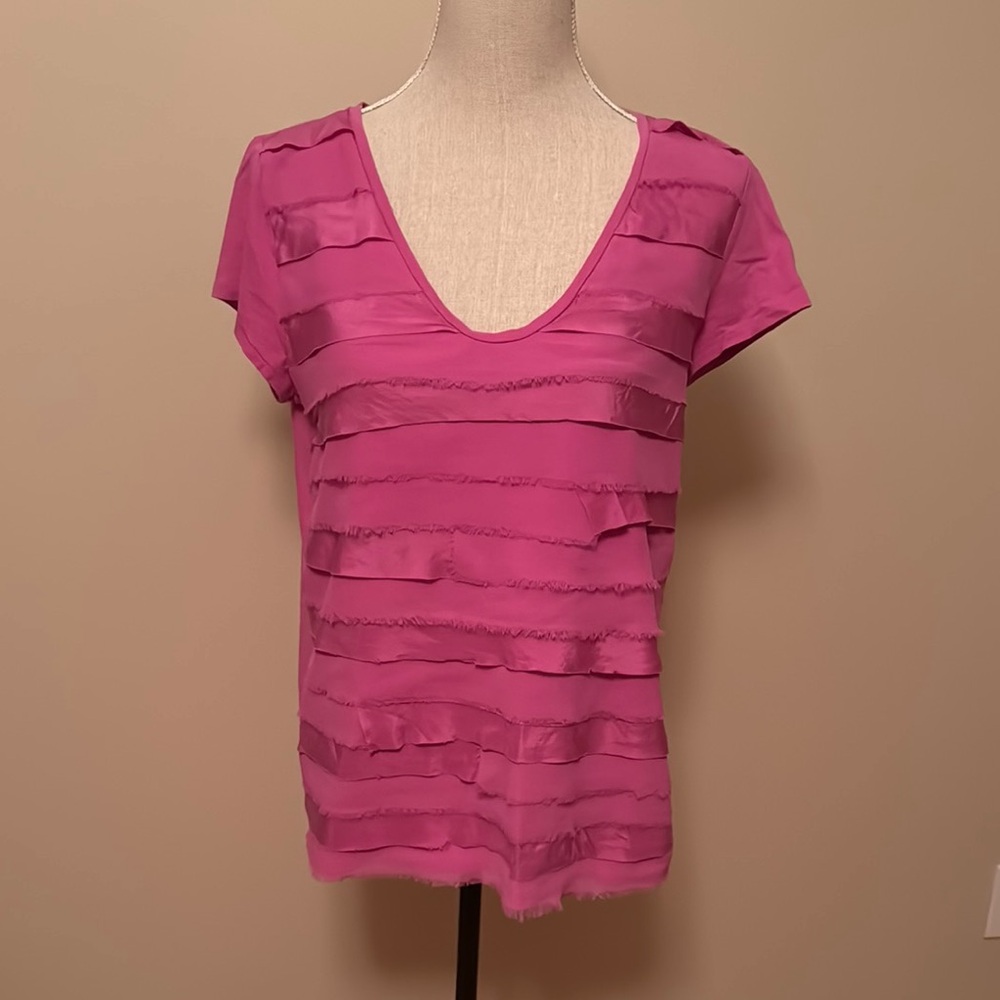 Ann Taylor The Loft Pink Ruffled Cap Sleeve V-Neck Tee